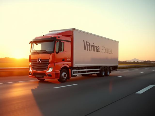 Ein Lastwagen von Vitrina Stones fährt auf einer Autobahn, symbolisiert schnelle Lieferung